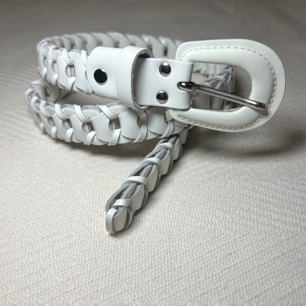 White Braided Genuine Leather Belt Made in Italy Woven Waist Belt Small